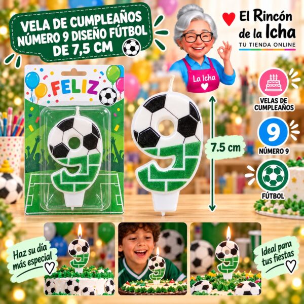 Vela de Cumpleaños Número 9 Diseño Fútbol de 7,5 cm Feliz