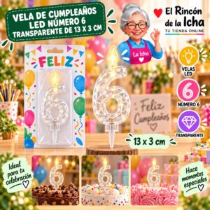 RI-0009762 Vela de Cumpleaños LED Número 6 Transparente de 13 x 3 cm Feliz