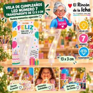 RI-0009763 Vela de Cumpleaños LED Número 7 Transparente de 13 x 3 cm Feliz
