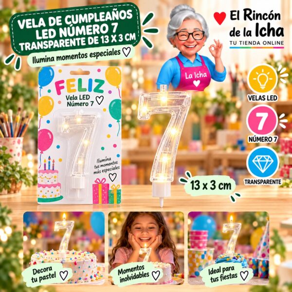 RI-0009763 Vela de Cumpleaños LED Número 7 Transparente de 13 x 3 cm Feliz