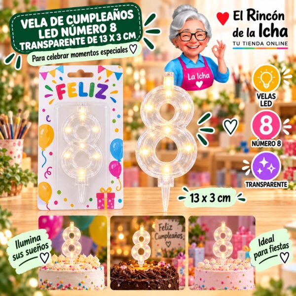 RI-0009764 Vela de Cumpleaños LED Número 8 Transparente de 13 x 3 cm Feliz