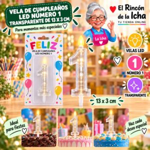 RI-0009765 Vela de Cumpleaños LED Número 1 Transparente de 13 x 3 cm Feliz
