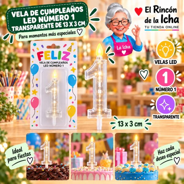 RI-0009765 Vela de Cumpleaños LED Número 1 Transparente de 13 x 3 cm Feliz