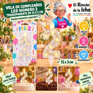 RI-0009766 Vela de Cumpleaños LED Número 2 Transparente de 13 x 3 cm Feliz