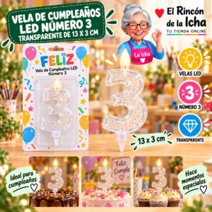 RI-0009767 Vela de Cumpleaños LED Número 3 Transparente de 13 x 3 cm Feliz