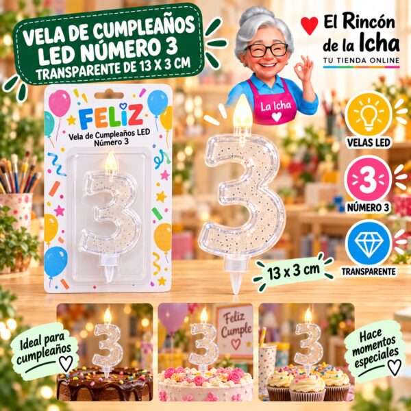 RI-0009767 Vela de Cumpleaños LED Número 3 Transparente de 13 x 3 cm Feliz