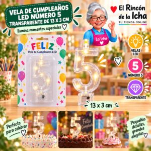 RI-0009768 Vela de Cumpleaños LED Número 5 Transparente de 13 x 3 cm Feliz