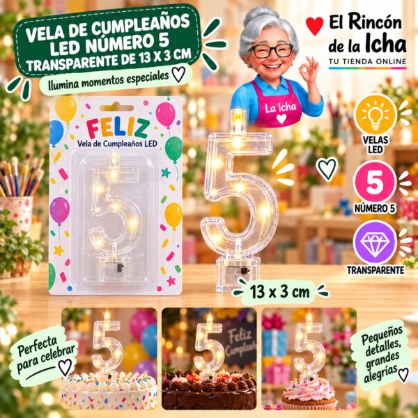 RI-0009768 Vela de Cumpleaños LED Número 5 Transparente de 13 x 3 cm Feliz