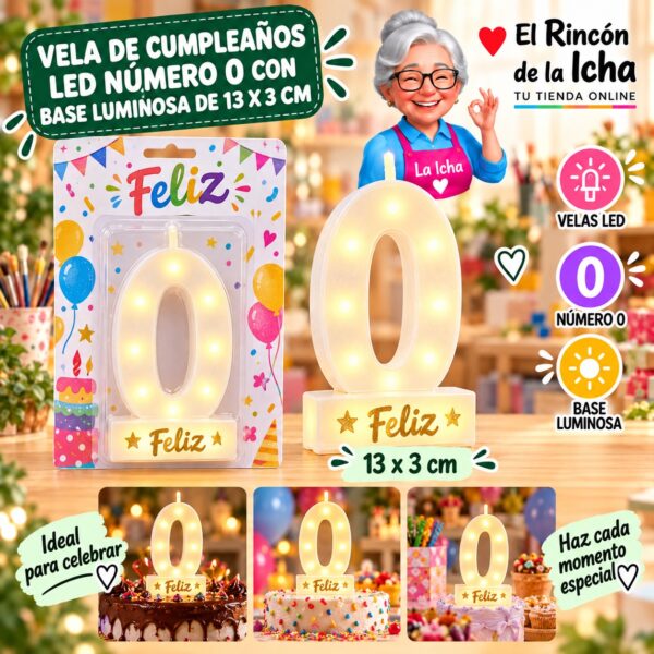 RI-0009769 Vela de Cumpleaños LED Número 0 con Base Luminosa de 13 x 3 cm Feliz