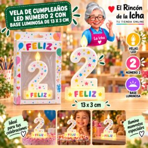 RI-0009770 Vela de Cumpleaños LED Número 2 con Base Luminosa de 13 x 3 cm Feliz