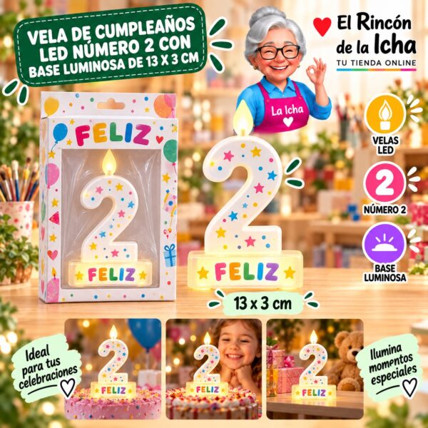 RI-0009770 Vela de Cumpleaños LED Número 2 con Base Luminosa de 13 x 3 cm Feliz