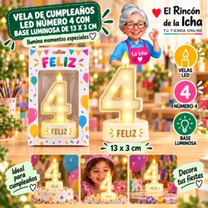 RI-0009771 Vela de Cumpleaños LED Número 4 con Base Luminosa de 13 x 3 cm Feliz