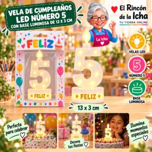 RI-0009772 Vela de Cumpleaños LED Número 5 con Base Luminosa de 13 x 3 cm Feliz