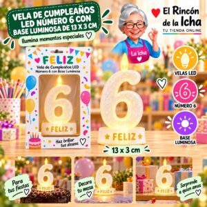 RI-0009773 Vela de Cumpleaños LED Número 6 con Base Luminosa de 13 x 3 cm Feliz