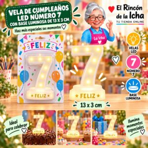 RI-0009774 Vela de Cumpleaños LED Número 7 con Base Luminosa de 13 x 3 cm Feliz