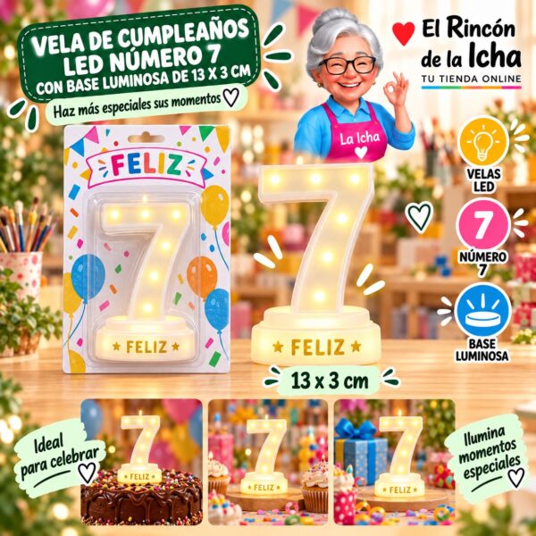 RI-0009774 Vela de Cumpleaños LED Número 7 con Base Luminosa de 13 x 3 cm Feliz
