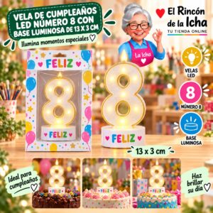 RI-0009775 Vela de Cumpleaños LED Número 8 con Base Luminosa de 13 x 3 cm Feliz