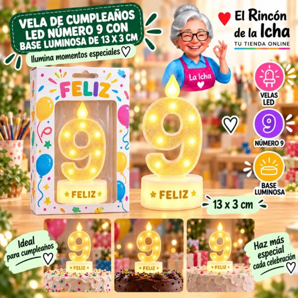 RI-0009776 Vela de Cumpleaños LED Número 9 con Base Luminosa de 13 x 3 cm Feliz