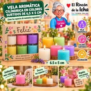 RI-0009777 Vela Aromática Cilíndrica en Colores Surtidos de 6,5 x 5 cm Feliz
