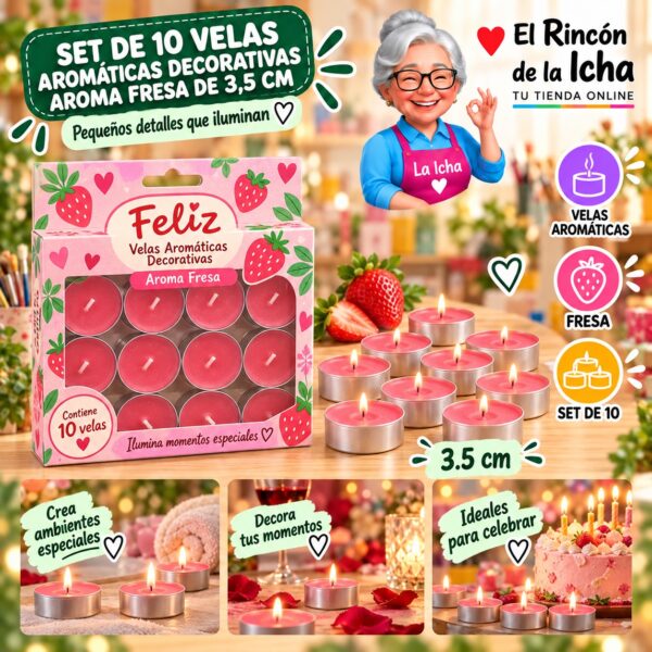 RI-0009778 Set de 10 Velas Aromáticas Decorativas Aroma Fresa de 3,5 cm Feliz