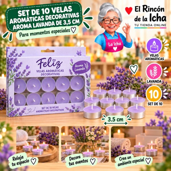 RI-0009779 Set de 10 Velas Aromáticas Decorativas Aroma Lavanda de 3,5 cm Feliz