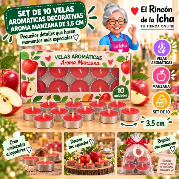 RI-0009781 Set de 10 Velas Aromáticas Decorativas Aroma Manzana de 3,5 cm Feliz