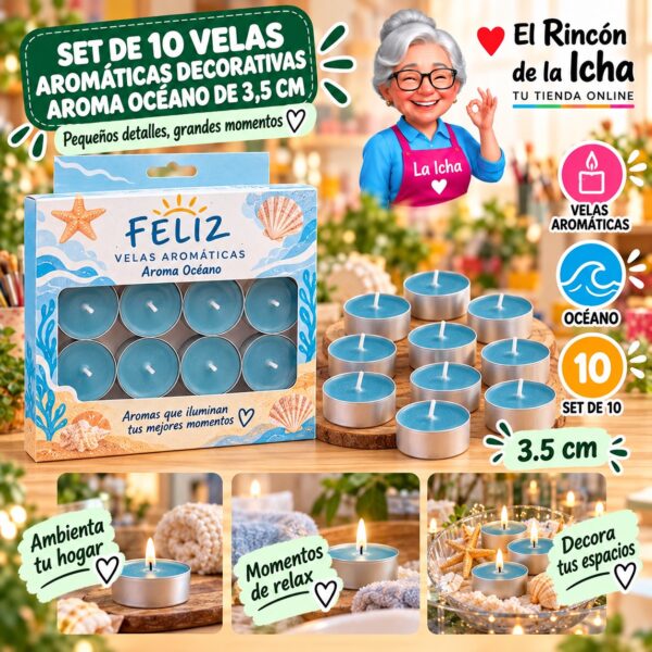 RI-0009782 Set de 10 Velas Aromáticas Decorativas Aroma Océano de 3,5 cm Feliz