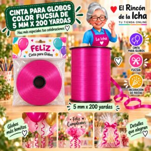 RI-0009783 Cinta para Globos Color Fucsia de 5 mm x 200 yardas Feliz