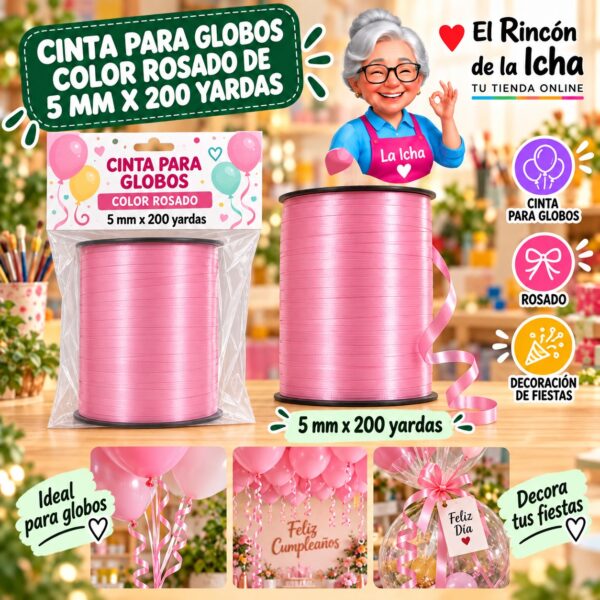 RI-0009784 Cinta para Globos Color Rosado de 5 mm x 200 yardas Feliz
