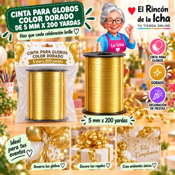RI-0009785 Cinta para Globos Color Dorado de 5 mm x 200 yardas Feliz