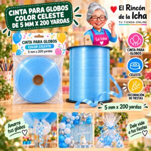 RI-0009786 Cinta para Globos Color Celeste de 5 mm x 200 yardas Feliz