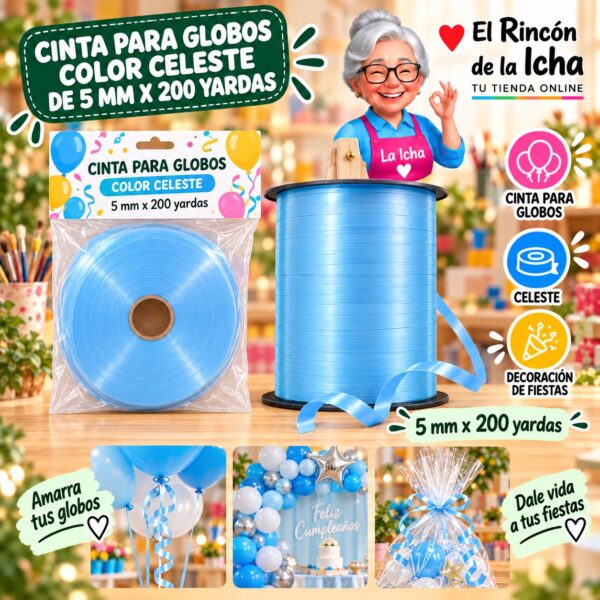 RI-0009786 Cinta para Globos Color Celeste de 5 mm x 200 yardas Feliz