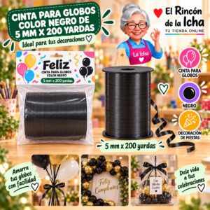 RI-0009787 Cinta para Globos Color Negro de 5 mm x 200 yardas Feliz