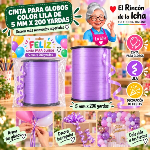 RI-0009788 Cinta para Globos Color Lila de 5 mm x 200 yardas Feliz