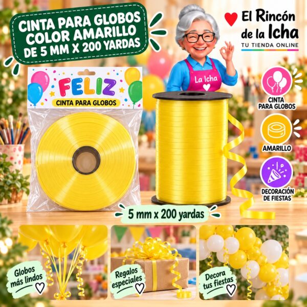 RI-0009789 Cinta para Globos Color Amarillo de 5 mm x 200 yardas Feliz