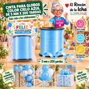 RI-0009790 Cinta para Globos Color Cielo Azul de 5 mm x 200 yardas Feliz