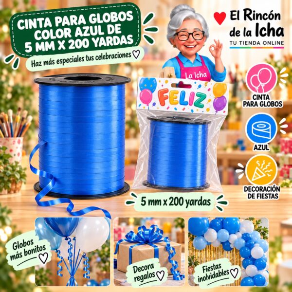 RI-0009791 Cinta para Globos Color Azul de 5 mm x 200 yardas Feliz