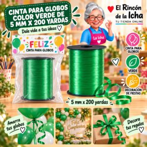 RI-0009792 Cinta para Globos Color Verde de 5 mm x 200 yardas Feliz