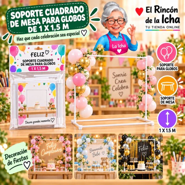 RI-0009797 Soporte Cuadrado de Mesa para Globos de 1 x 1,5 m Feliz