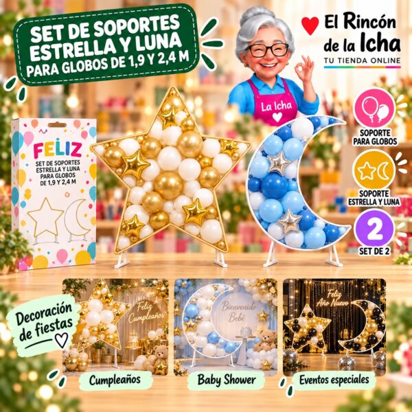 RI-0009798 Set de Soportes Estrella y Luna para Globos de 1,9 y 2,4 m Feliz