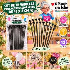 RI-0009801 Set de 12 Varillas para Globos Color Negro de 41 x 3 cm Feliz