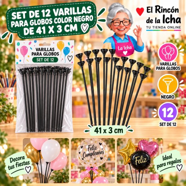 RI-0009801 Set de 12 Varillas para Globos Color Negro de 41 x 3 cm Feliz