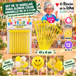 RI-0009802 Set de 12 Varillas para Globos Color Amarillo de 41 x 4 cm Feliz