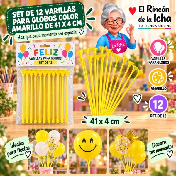 RI-0009802 Set de 12 Varillas para Globos Color Amarillo de 41 x 4 cm Feliz