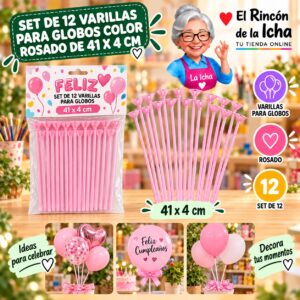 RI-0009803 Set de 12 Varillas para Globos Color Rosado de 41 x 4 cm Feliz