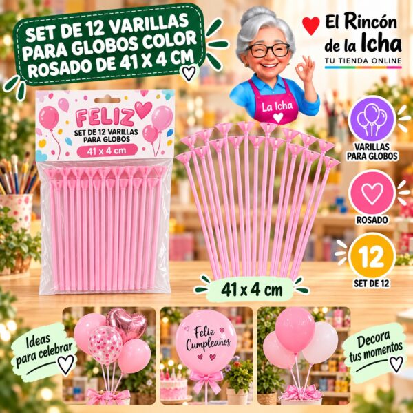 RI-0009803 Set de 12 Varillas para Globos Color Rosado de 41 x 4 cm Feliz