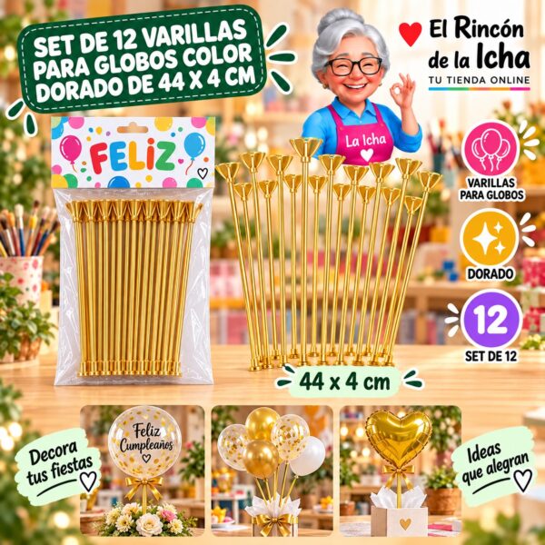 RI-0009804 Set de 12 Varillas para Globos Color Dorado de 44 x 4 cm Feliz