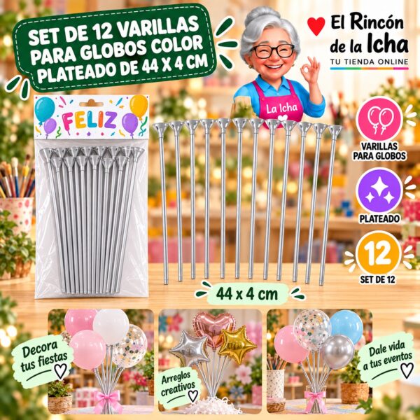 RI-0009805 Set de 12 Varillas para Globos Color Plateado de 44 x 4 cm Feliz