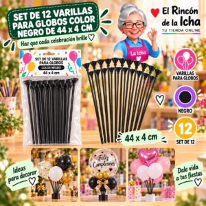 RI-0009806 Set de 12 Varillas para Globos Color Negro de 44 x 4 cm Feliz
