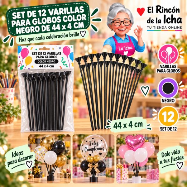 RI-0009806 Set de 12 Varillas para Globos Color Negro de 44 x 4 cm Feliz